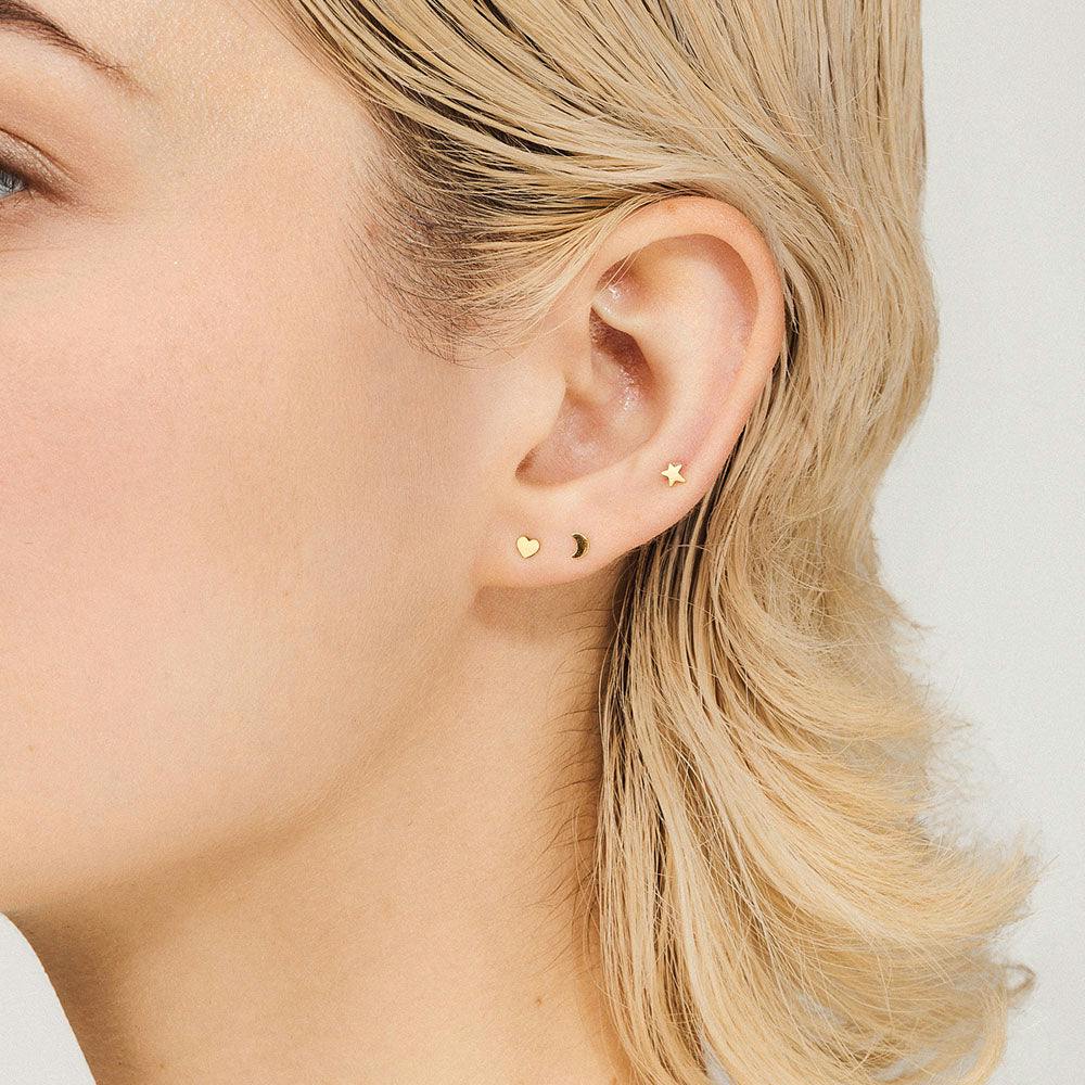Classic Heart, Classic Moon and Classic Star Push Pin Flat Back Earring in gold on Model