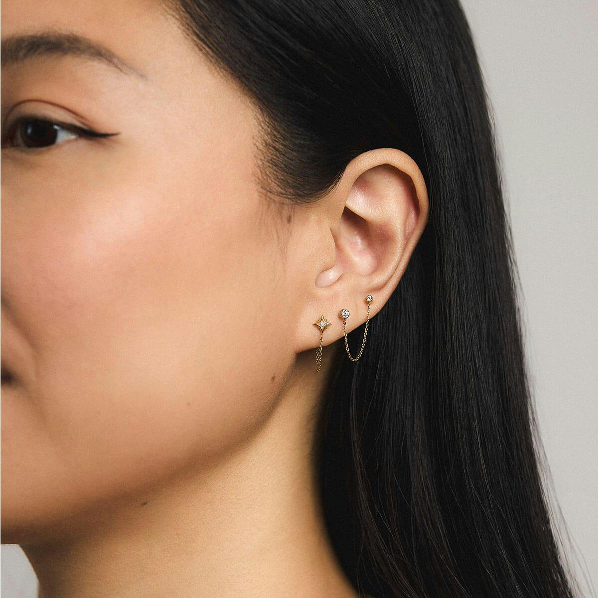 North Star Chain Nap Earrings and Tiny Crystal Duo Chain Nap Earrings - Gold - On Model