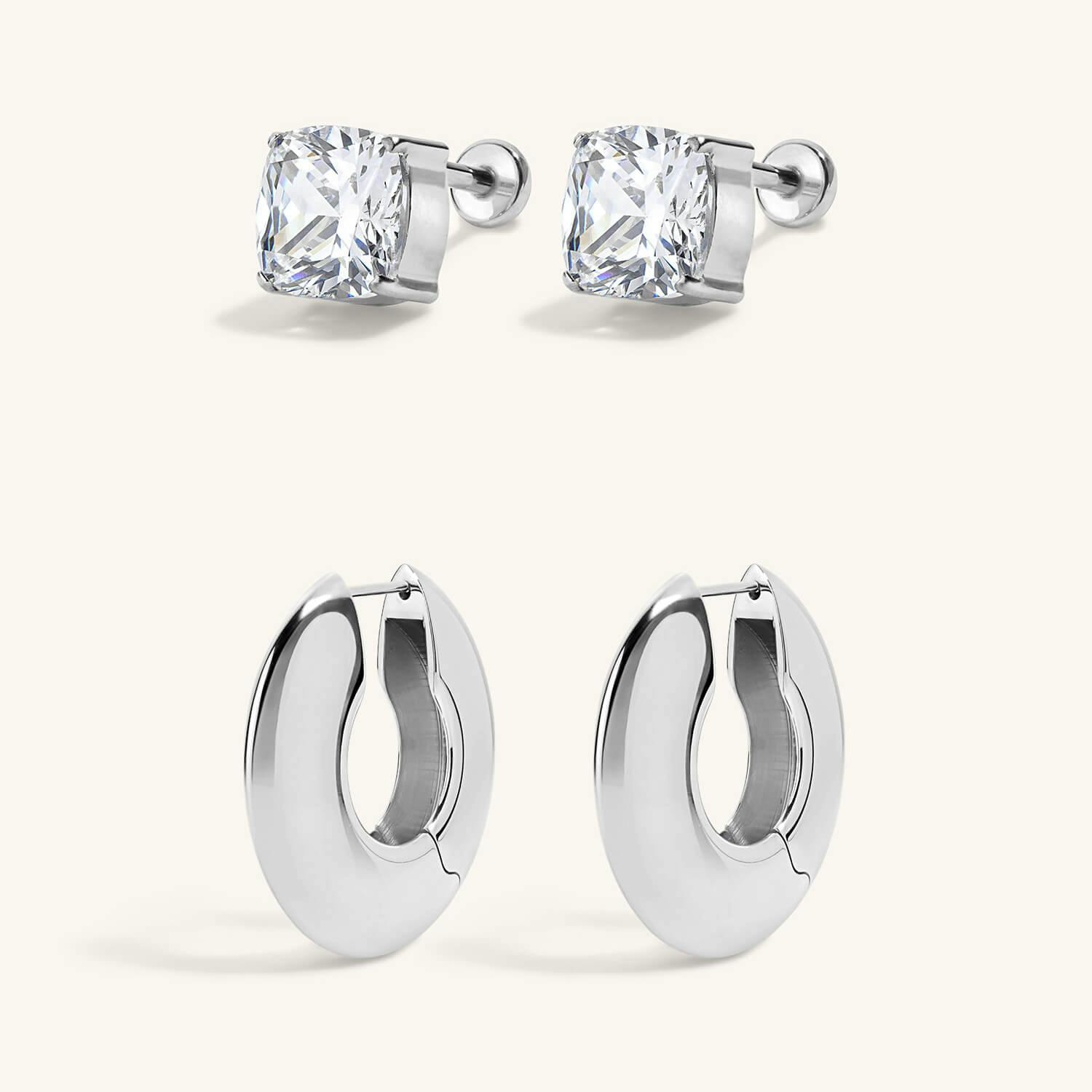 After Dark Duo - Celestial Crystal Cushion Nap Earrings and Puffy Disc Hoops in Titanium - Silver