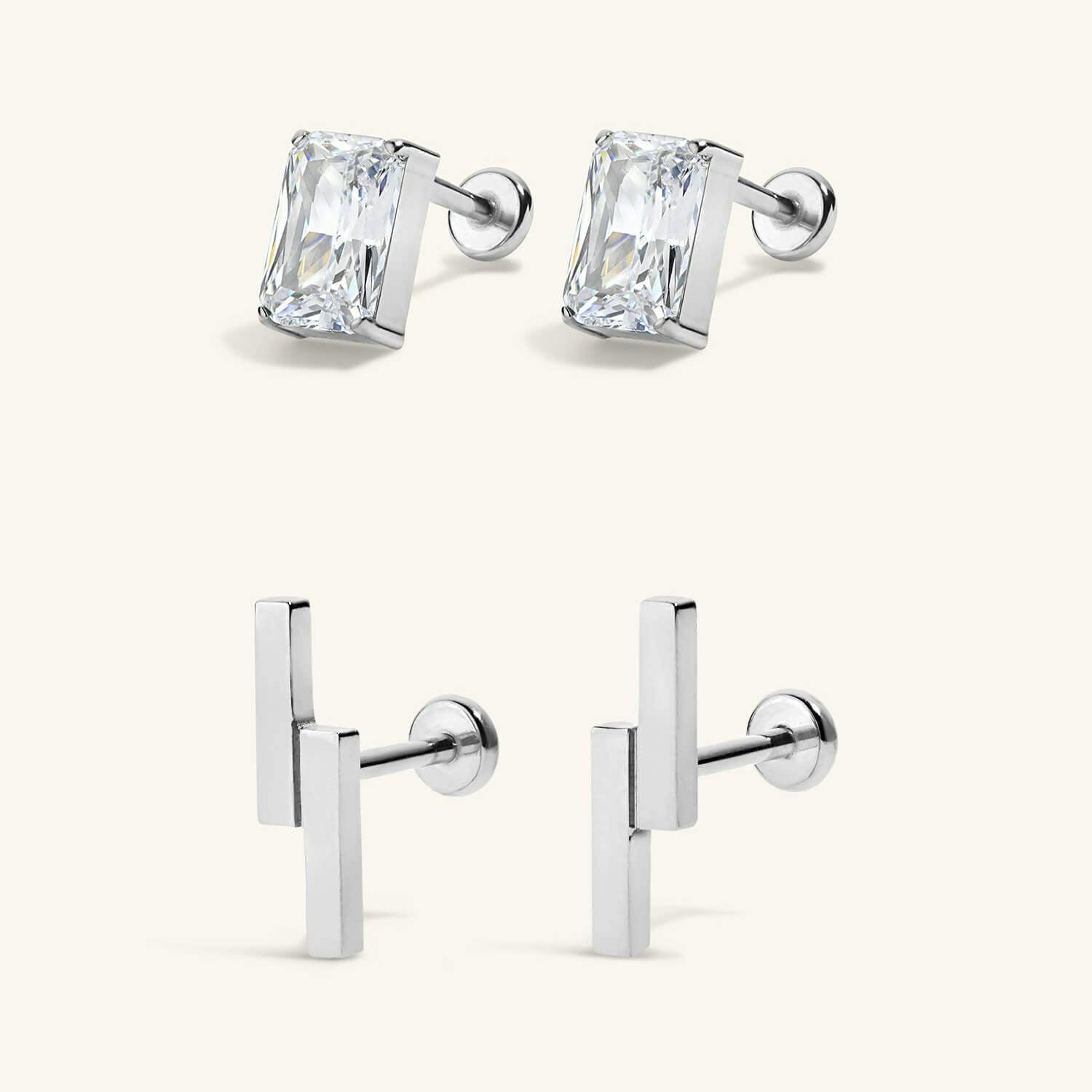The Modernist Nap Earrings Duo - Celestial Crystal Emerald Cut Nap Earrings and Lightning Bar Nap Earrings in Silver