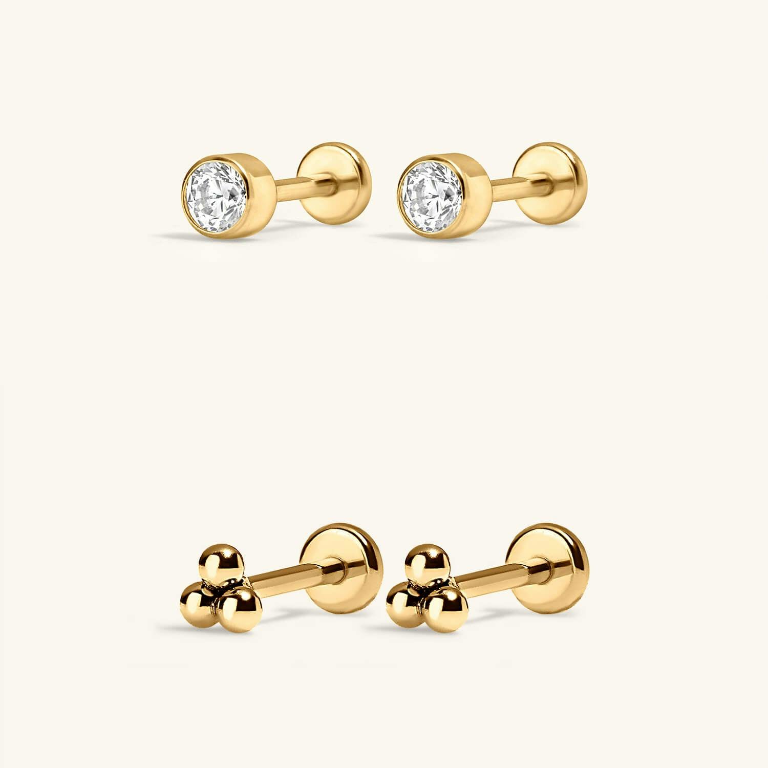 Minimalist Nap Earrings Duo - Tiny Crystal Nap Earrings and Tiny Trinity Nap Earrings in Gold