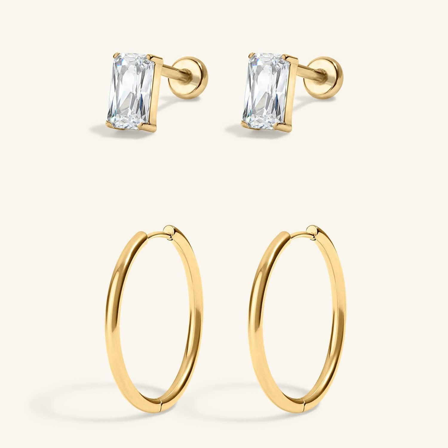 Modern Essentials Duo - Mini Celestial Crystal Emerald Cut Nap Earrings and Classic 1" Hoops in Titanium Gold