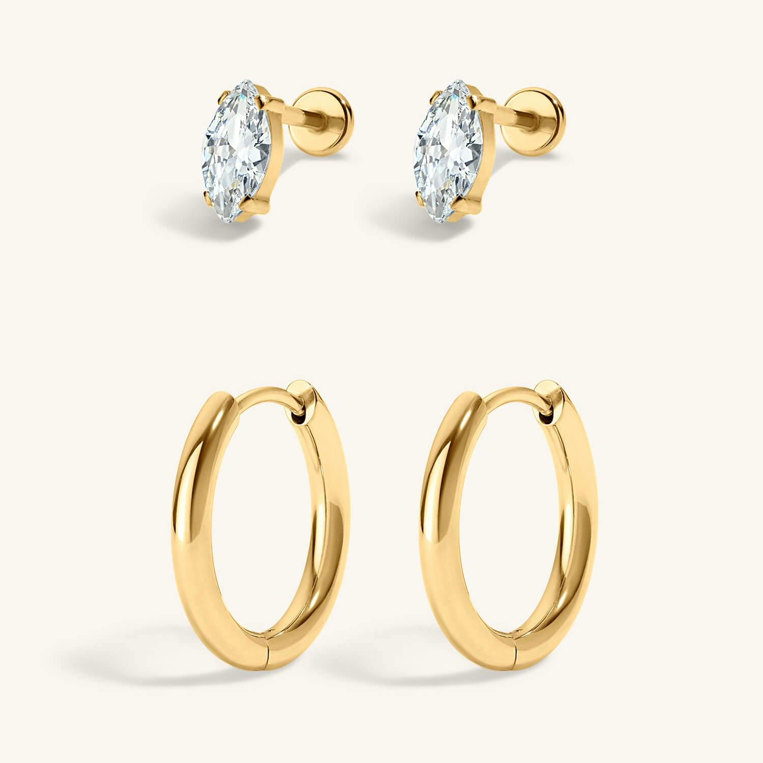 The Signature Essentials Duo - Mini Crystal Marquise Nap Earrings and Classic Hoops in Titanium Gold