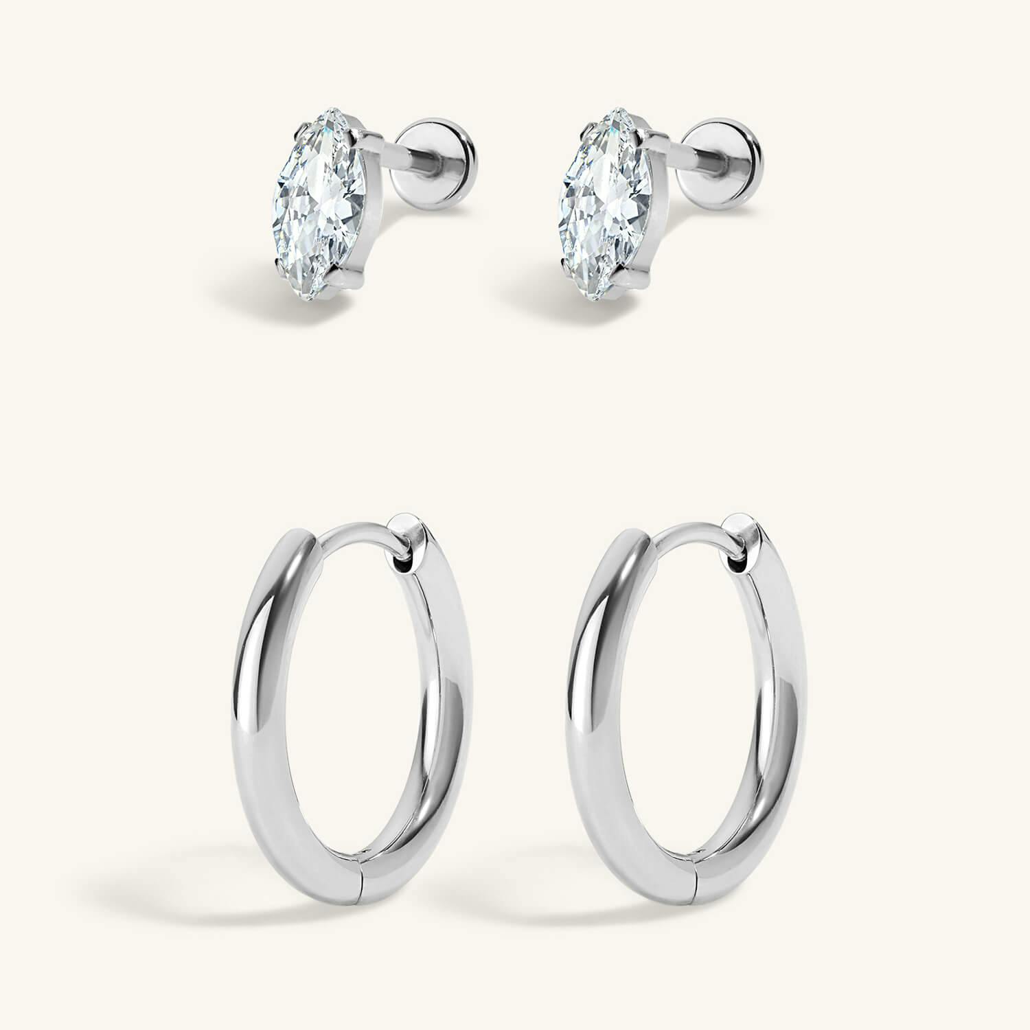 The Signature Essentials Duo - Mini Crystal Marquise Nap Earrings and Classic Hoops in Titanium Silver
