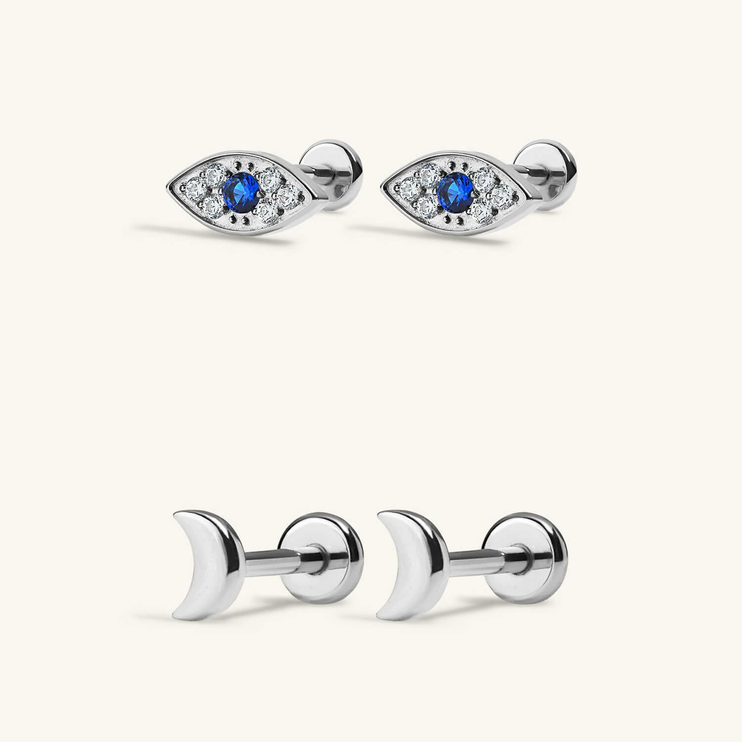 Cosmic Nap Earrings Duo - Evil Eye Nap Earrings and Classic Moon Nap Earrings in Silver