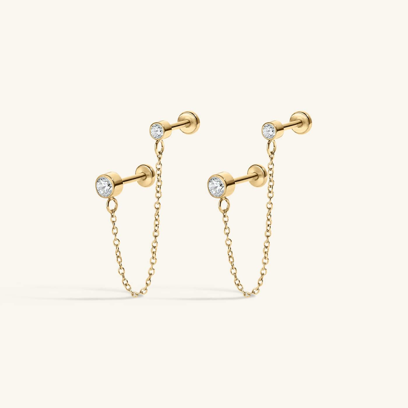 Tiny Crystal Duo Chain Nap Earrings - Gold
