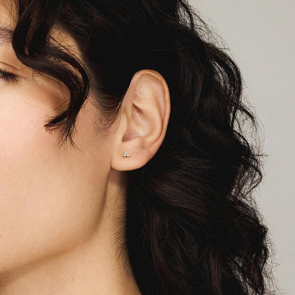 Mini Crystal Trinity Push Pin Flat Back Earring in Gold on model