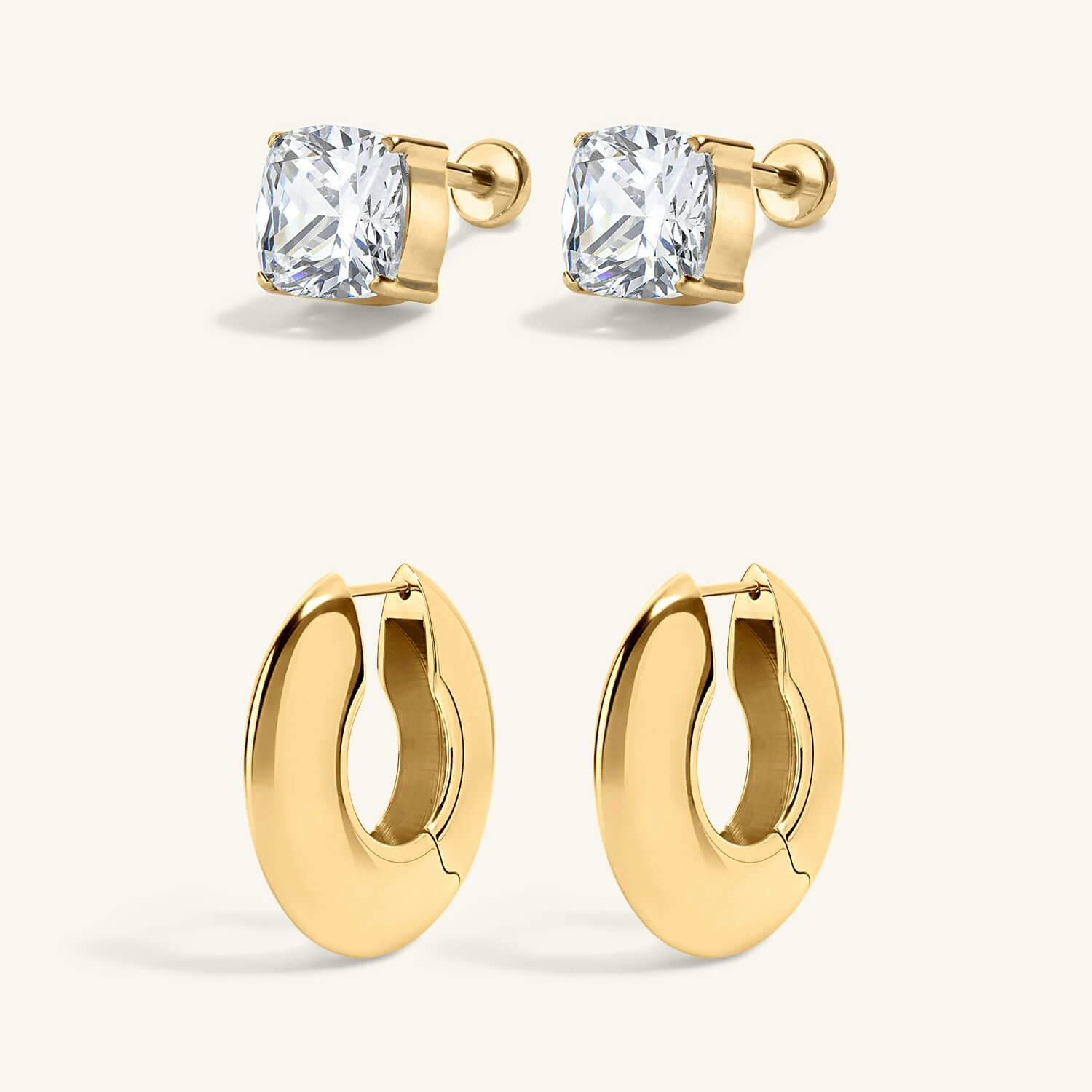 After Dark Duo - Celestial Crystal Cushion Nap Earrings and Puffy Disc Hoops in Titanium - Gold