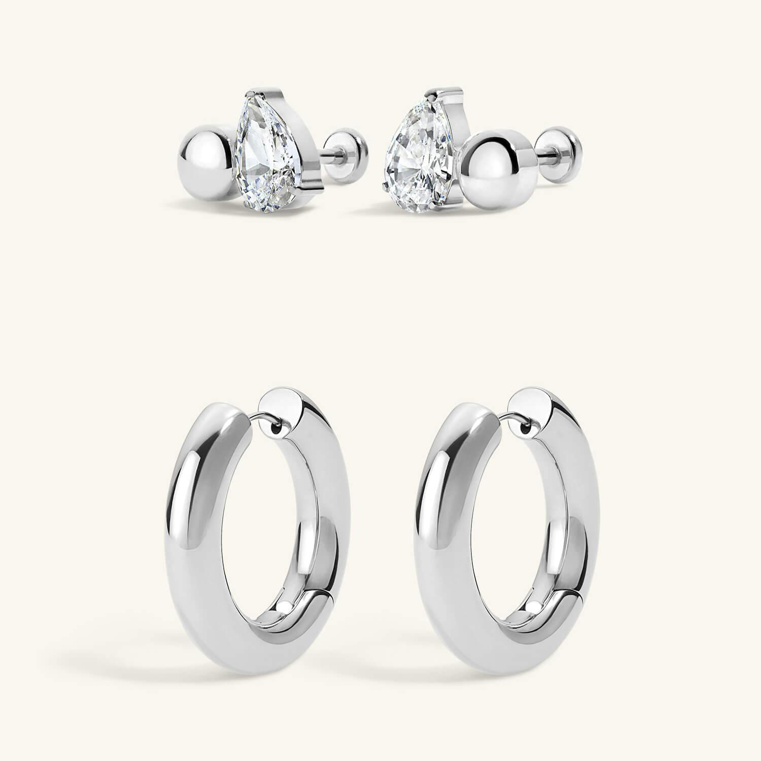 Ever Together Duo - Toi Et Moi Sphere and Pear Nap Earrings and Every Body Hoops in Titanium - Silver