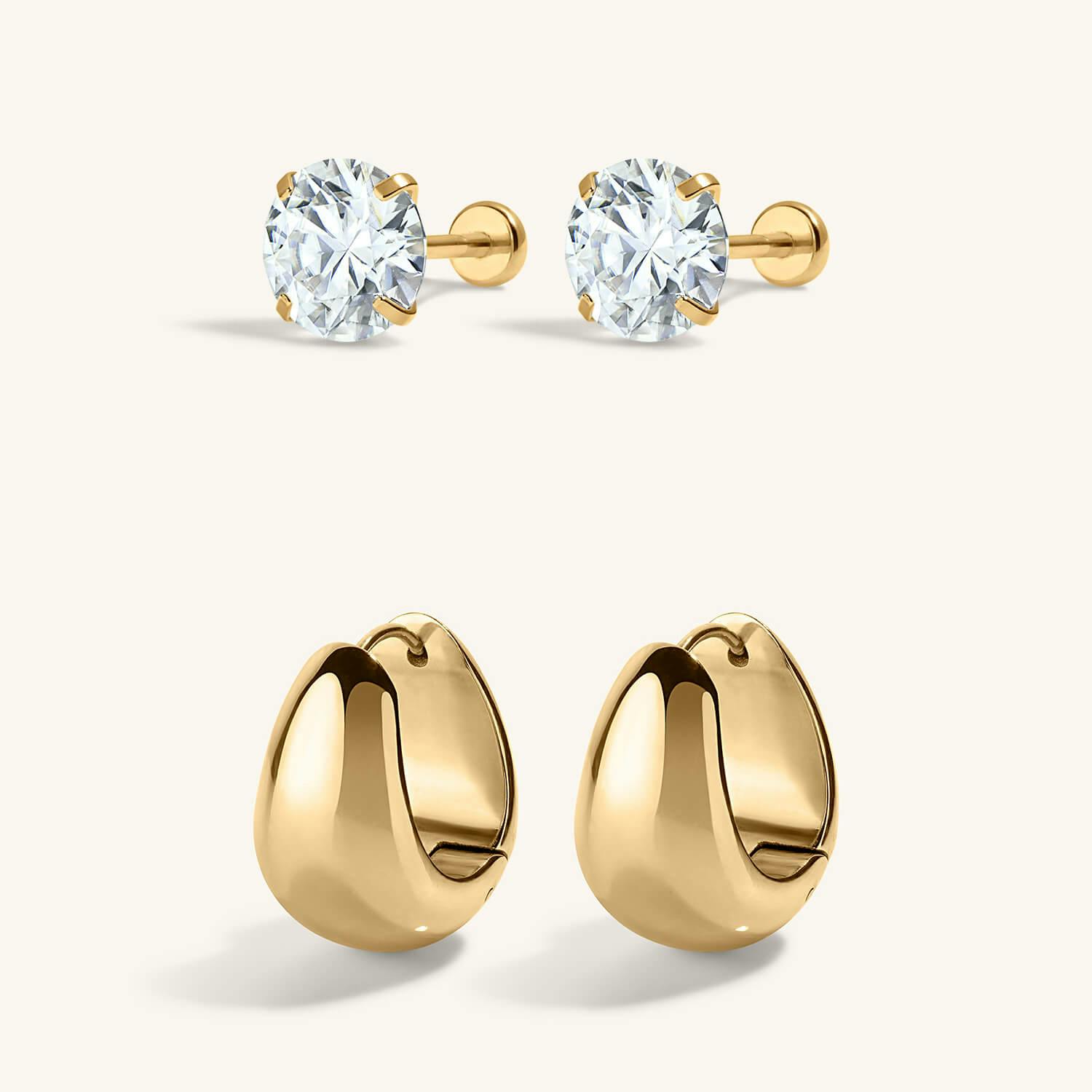 Everyday Icons Duo: Celestial Crystal Nap Earrings in 6mm and Mini Dewdrop Hoops in Titanium - Gold