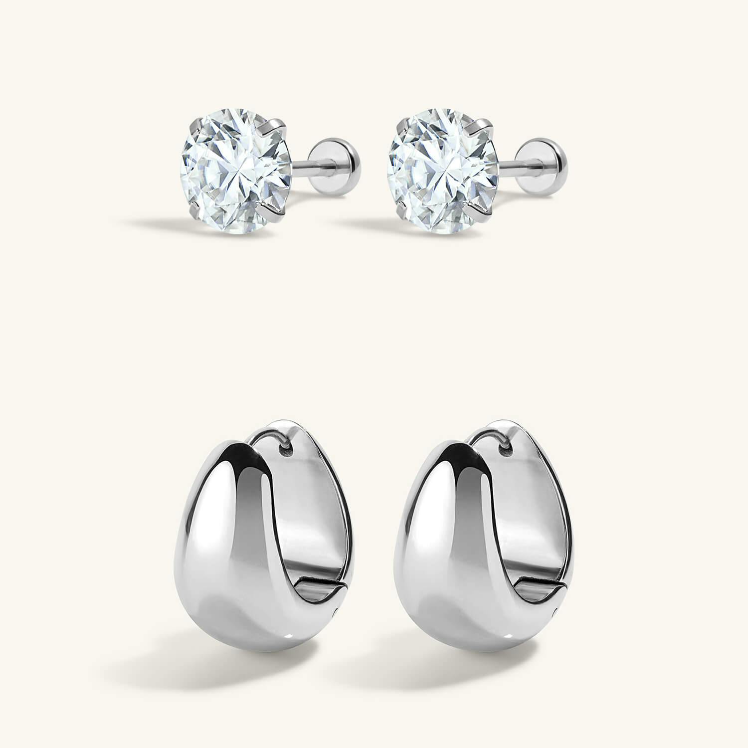 Everyday Icons Duo: Celestial Crystal Nap Earrings in 6mm and Mini Dewdrop Hoops in Titanium - Silver