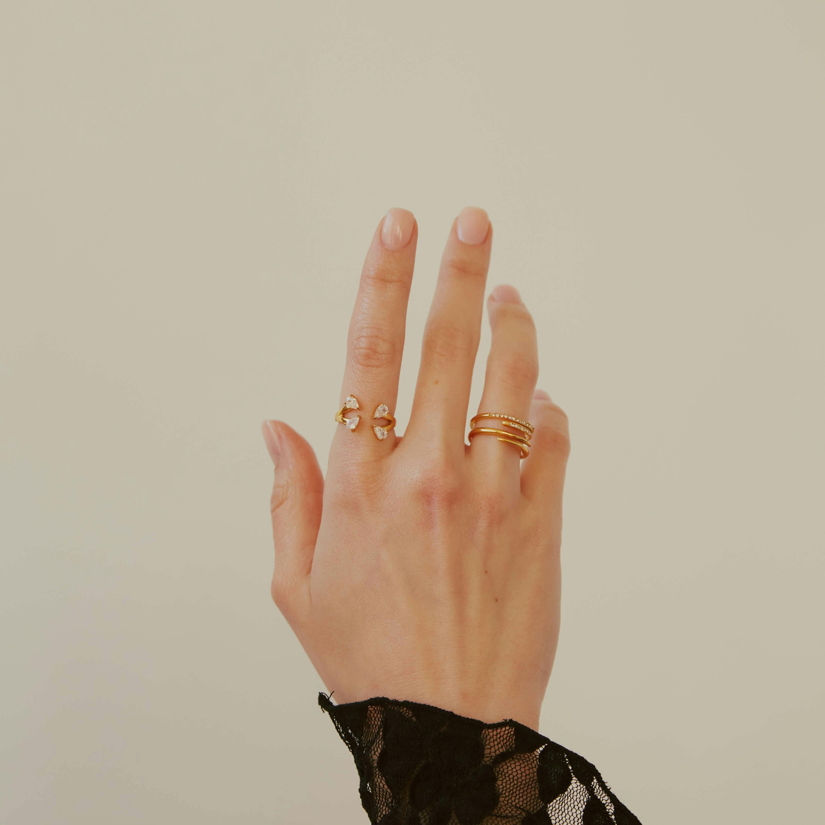 Floating Dewdrop Stacking Ring IV (Gold) on model