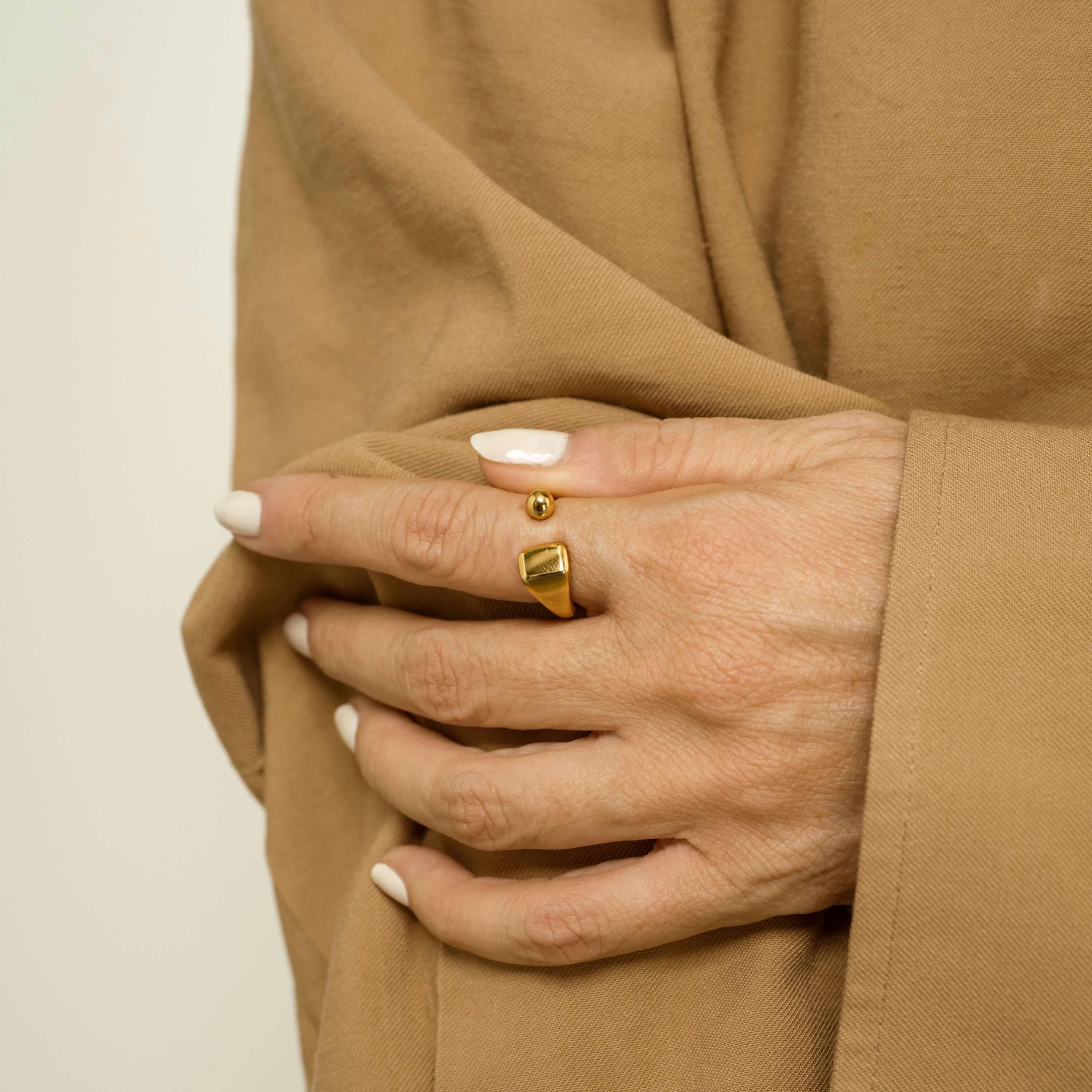 Floating Sphere Signet Ring (Gold) on model