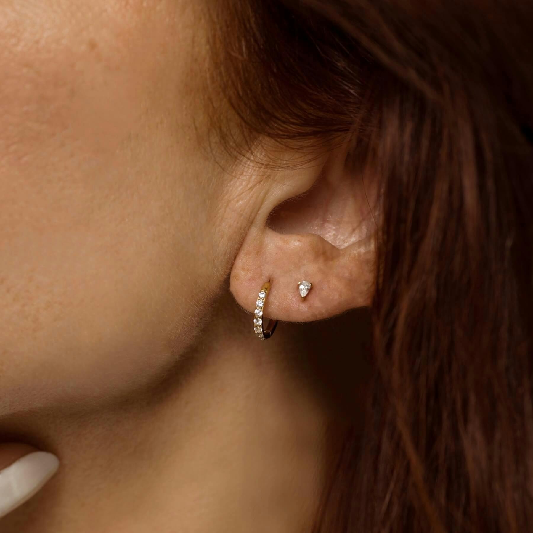 Celestial Dewdrop Nap Earrings and Mini Eternity Hoop Earrings (Titanium - Gold) on model