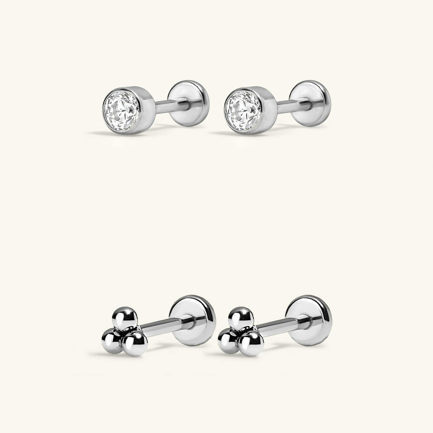 Minimalist Nap Earrings Duo - Tiny Crystal Nap Earrings and Tiny Trinity Nap Earrings  in Silver