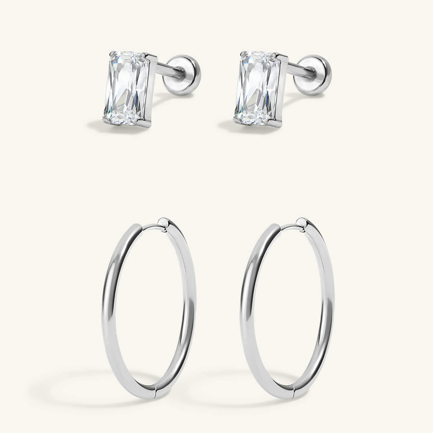 Modern Essentials Duo - Mini Celestial Crystal Emerald Cut Nap Earrings and Classic 1" Hoops in Titanium Silver