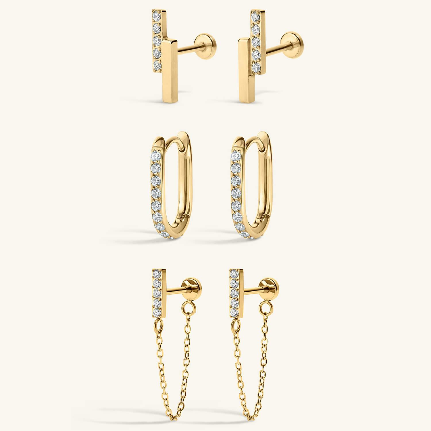 The Starry Night Trio: Pave Lightning Nap Earrings, Eternity Baby Halo Hoops in Titanium and Falling Star Nap Earrings in Gold