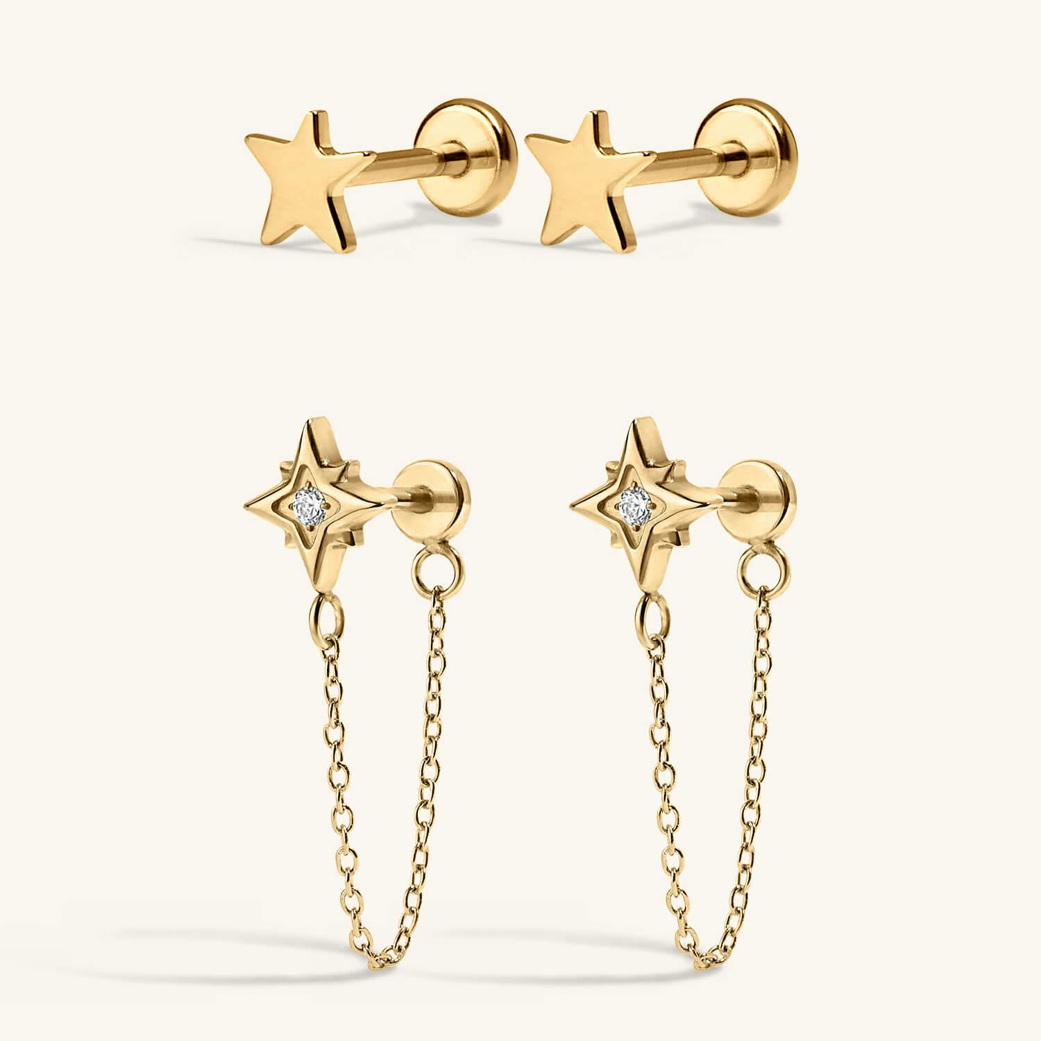 The Shooting Star Nap Earrings Duo - Classic Star and North Star Chain Nap Earrings in Gold