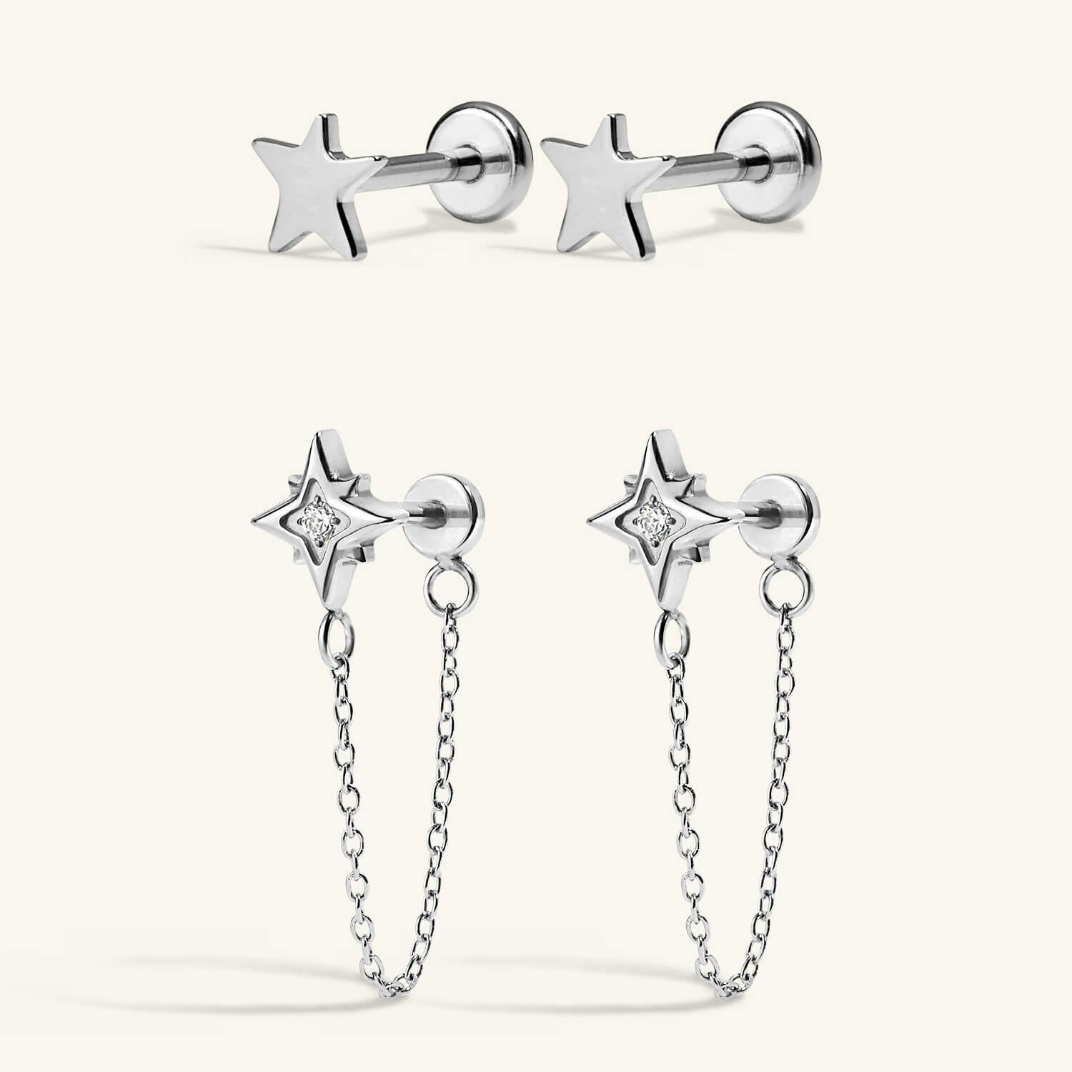 The Shooting Star Nap Earrings Duo - Classic Star and North Star Chain Nap Earrings in Silver