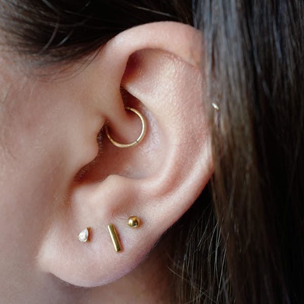 Celestial Dewdrop Push Pin Flat Back Earring in Gold on model
