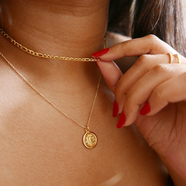 Pave Moon medallion necklace on model