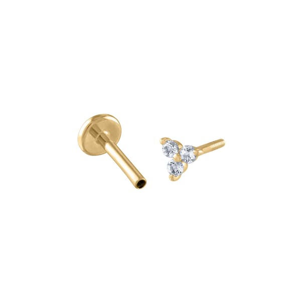 Crystal Trinity Threaded Flat Back Earring in 14k Gold