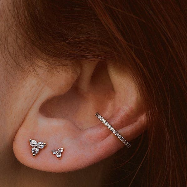 Mini Crystal Trinity Studs in Sterling Silver on model