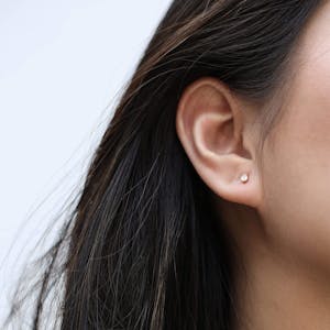 Tiny Dewdrop Threaded Flat Back Earring in Gold on model