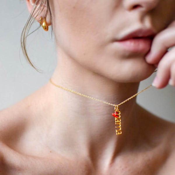 Itty Bitty Red Heart in Gold Vermeil on model