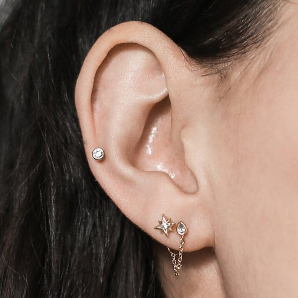 Tiny Crystal Push Pin Flat Back Earring, Titanium - Silver / 16g: Most Cartilage Piercings / 6mm at Maison Miru
